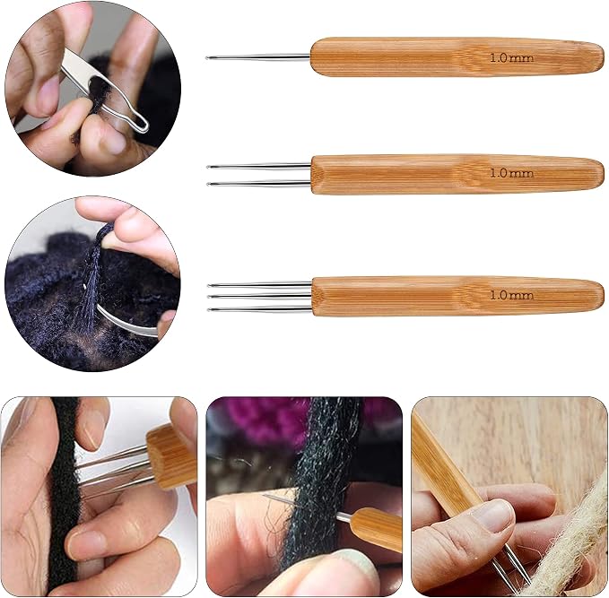 AUGSUN Dreadlock Crochet Hook Tool 1.0mm Hair Crochet Needle for Locs | 3 Dreadlocks Needle, 2 Locking Tool, Bamboo and Stainless Steel, Hair Braid Craft DIY, Dreadlock Locs Weaving Hair Extension