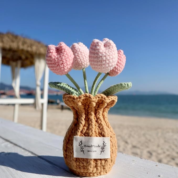 Tulip Crochet Flower Potted Plant Handmade Desk Decor Gift