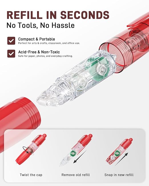 8 Pack Retractable Double-Sided Tape Roller with Glue Dots, Refillable Acid-Free Scrapbook Tape, 360° Rotatable Tip for Gift Wrapping, Photos & DIY Crafts, Office & School Supplies