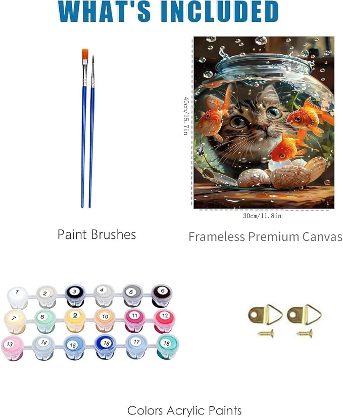 Cat Goldfish Paint by Numbers Kit for Adults Framed Canvas, Frameworkless | Easy Adult Paint by Number Kits on Canvas DIY Cat Goldfish Painting for Beginners Art by Numbers for Home Wall Decor 12X16 in