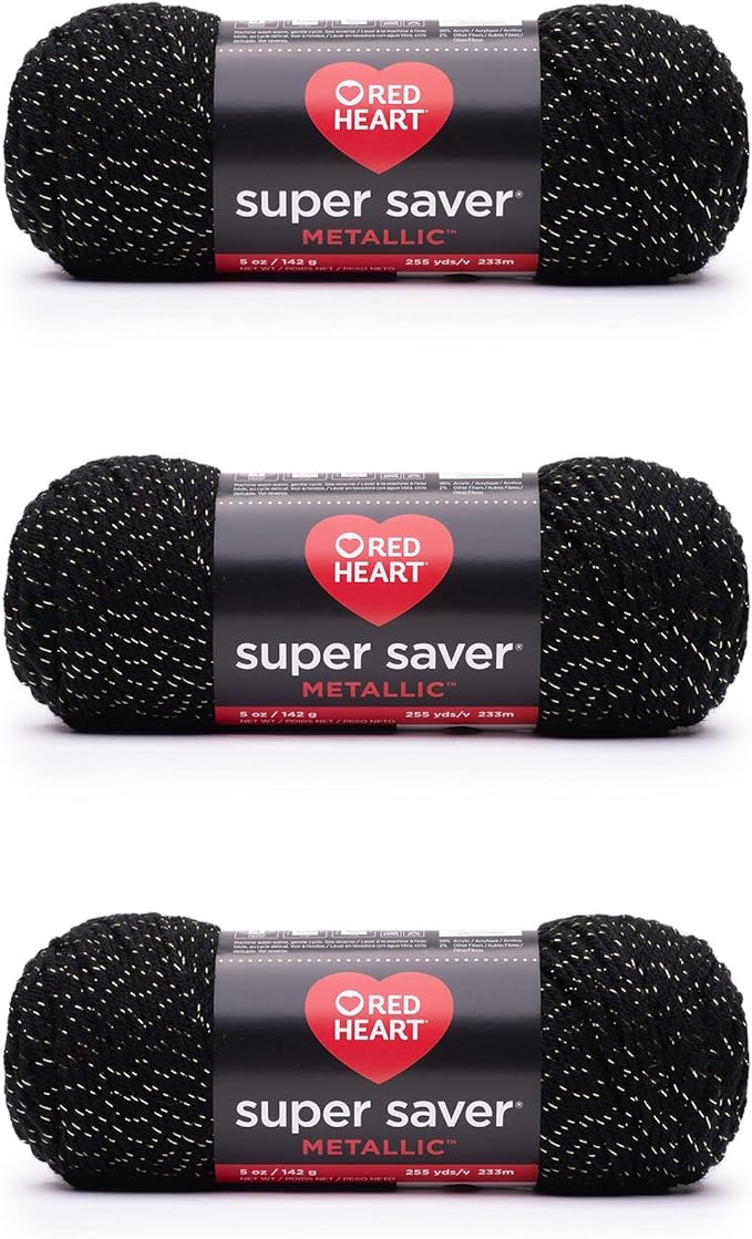 Red Heart Super Saver Metallic Yarn for Crocheting, Black Gold, 3-Pack
