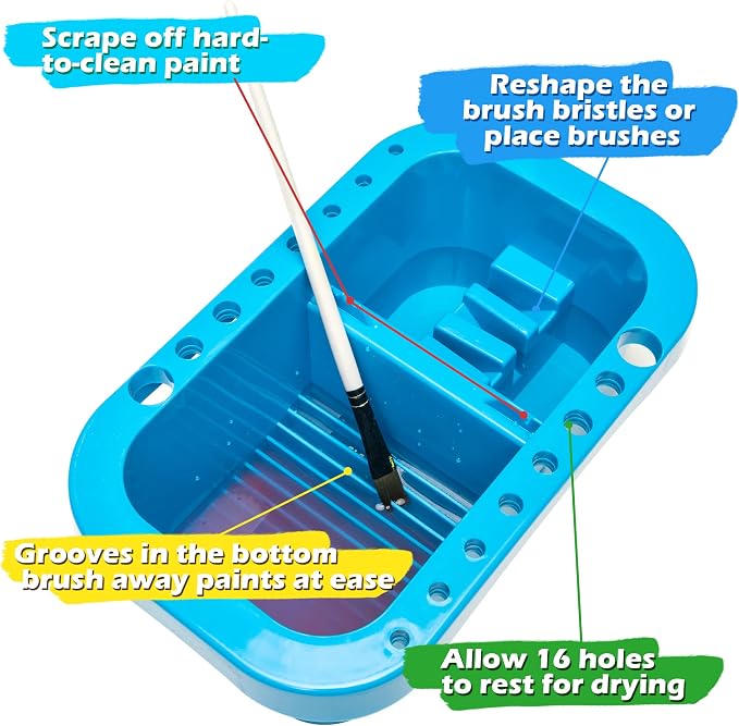 MyLifeUNIT Paint Brush Cleaner, Paint Brush Holder with Palette, Royal Blue | 18 mixing wells, 16 slots fitting 0.24-0.63 in diameters, 3 washing compartments, removable tray lid