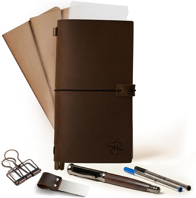 WANDERINGS Regular Size Travelers Notebook Bundle – 4.5" x 8.5" (11.5 x 22cm) – Genuine Leather Journal with Pen Holder, Pen, 2 Ink Refills, PVC Folder & Binder Clip