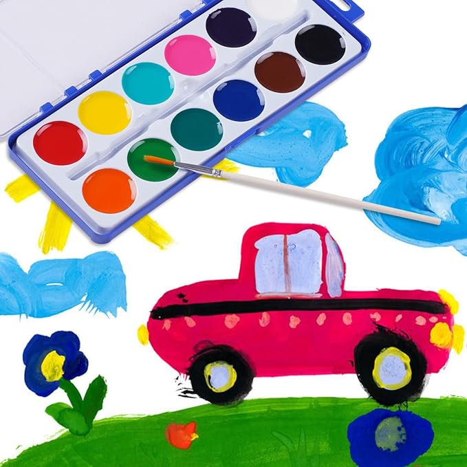 Watercolor Paint Set for Kids, 12 Colors, 24 Pack Washable Water Colors for Party Favors, Gifts, Classroom Supplies (Wood Brushes Included) | Washable Water Colors for Party Favors, Gifts, Classroom Supplies (Wood Brushes Included)