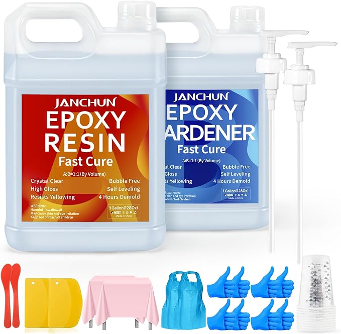 JANCHUN Crystal Clear Epoxy Resin Kit 2 Gallon, Bubble-Free, Anti-Yellowing, Self Leveling Easy Mix 1:1 Coating and Casting Resin for Table Top, Molds, Tumbler Crafts, Painting, Jewelry, DIY Gifts