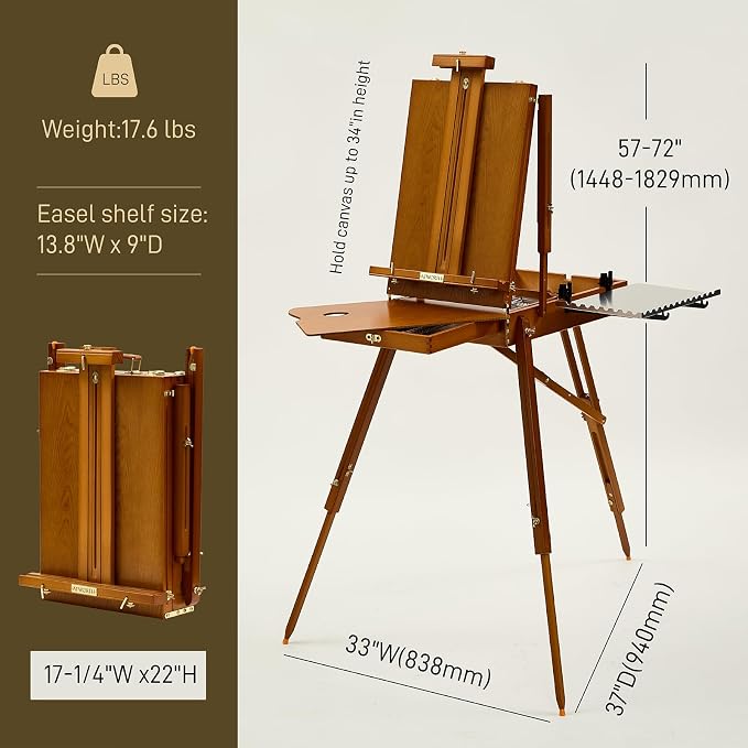 ATWORTH French Easel for Painting, Deluxe Beech Wooden Field & Studio Sketchbox Easel Stand with Metal Side Tray, Portable& Easy Transport for Painting Outdoor, Holds Canvas up to 34"- Light Walnut