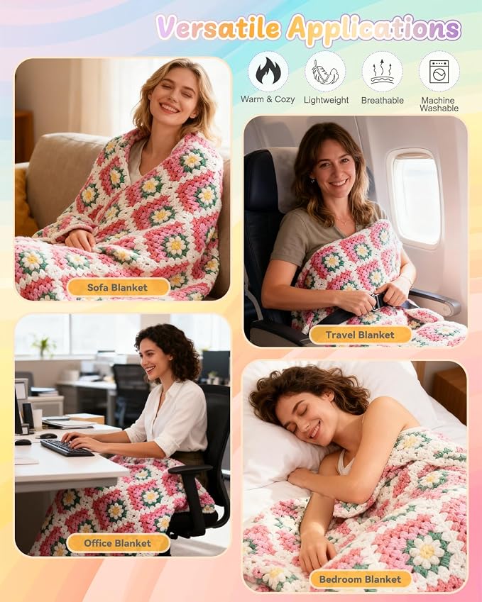 Coopay Crochet Kit for Beginners, Easy 3D Granny Square Blanket Kit, Pink | Crochet Kit W/Video Tutorial & Digital Instructions, All Accessories Included, Easy Knitting to Create Granny Square Blanket