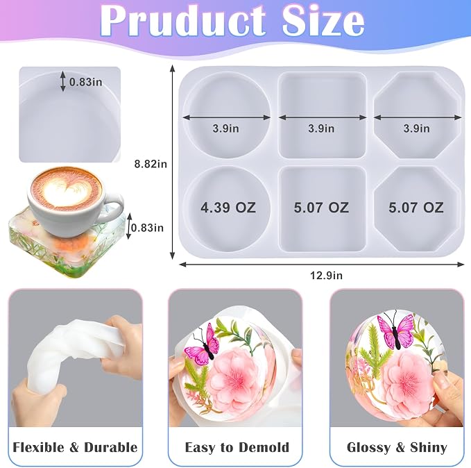 YOILES Deep Coaster Resin Molds Silicone,Epoxy Resin Molds | Octagon Round Square Silicone Molds for Resin Casting Craft Mold for Flower Preservation DIY Art (Mixed)