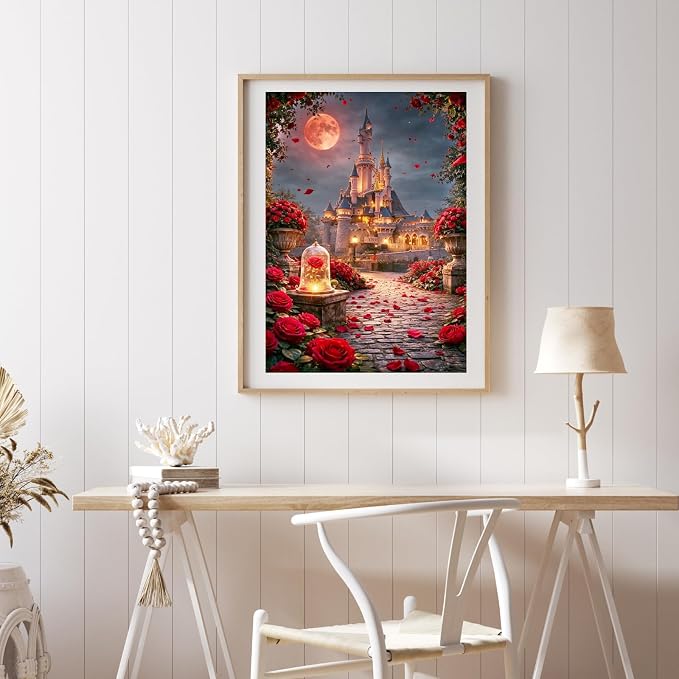 Castle Diamond Art Kits for Adults, Rose Diamond Painting Kits for Beginner | Moon Diamond Dots Full Drill Crafts for Gem Art Dot Art for Adults Home Wall Decor for Teens Boys Girls 5D DIY 12x16 inch