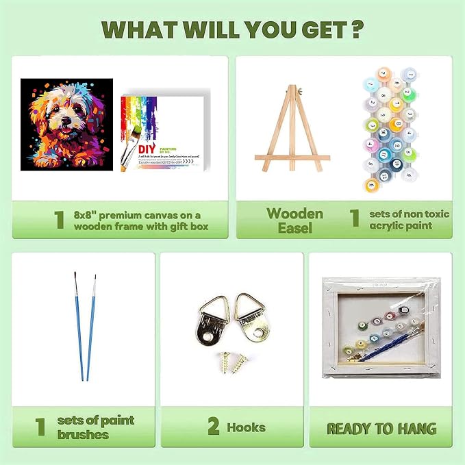 cviokrdu Dog Paint by Numbers Kit for Kids with Frame - Wooden Easel, Animals Paint by Numbers for Kids Ages 4 8 12, Easy Acrylic Oil Painting Kits for Home Wall Decoration 8x8 inch