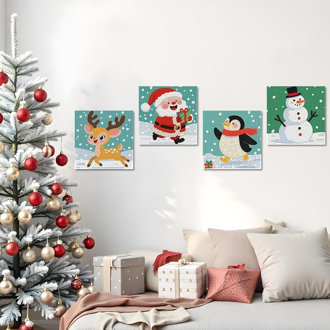 ICYANART 4 Pack Christmas Diamond Art Painting Kits for Kids 6x6 Inch | Christmas Diamond Art Kits for Kids Ages 4-8-12, Small Diamond Art Kits, Arts and Crafts for Kids(no Frame)