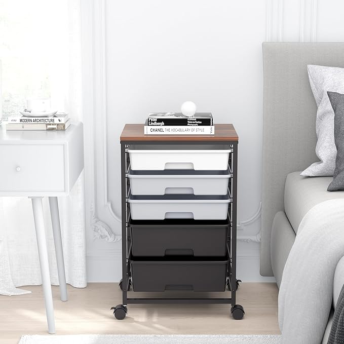 SYKIARIOL Utility Cart with Drawers,5 Drawers Storage Cart,Dark Grey | 5-Tiers Storage Cart with Drawers with Lockable Wheels for Craft Organizers and Storage,Home Office,Classroom,Dorm,Playroom