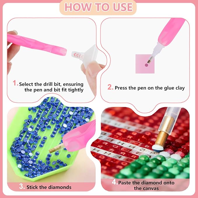 Phinus Diamond Art Pens 24P, Acrylic Diamond Painting Pen with Various Tips and Dotting Clay, Ergonomic Diamond Art Tools Set for 5D Gem Paintings (Pink)