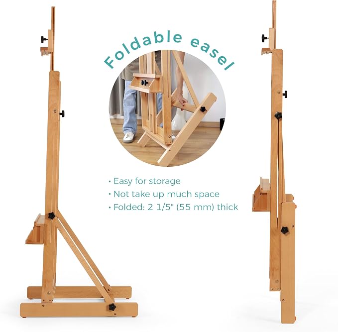 VISWIN Large H-Frame Easel for Painting 53"-91" H, Adjustable Solid Beech Wood Heavy Duty Easel Stand with Storage Tray, Hold Canvas up to 78", Art Easel for Adults, Artists - Natural