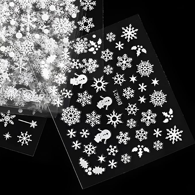 30 Sheets Christmas Nail Art Stickers Decals 3D Self-Adhesive Snowflake Nail Stickers White Snowmen Santa Claus Elk Nail Supplies New Year DIY Nail Decals