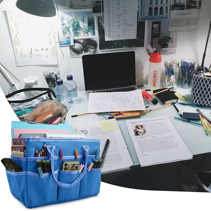 Cupohus Craft Organizer Bag, Blue Art Supply Tote with Multiple Pockets