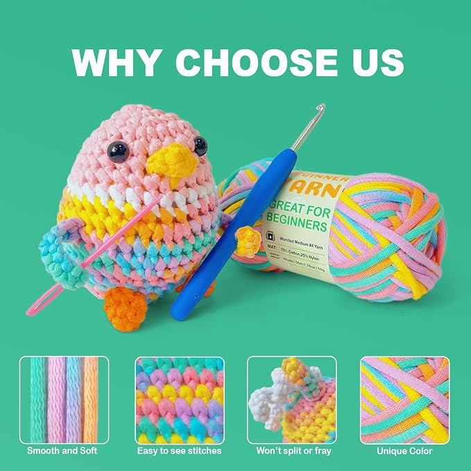 Easy Yarn for Beginner - Crocheting and Knitting Yarn |3 * 1.76oz/60yds; Easy-to-See Stitches; Worsted-Weight Medium #4; Cotton Blend; Amigurumi Crochet Kit(Petal+Blue+Merry Pink)