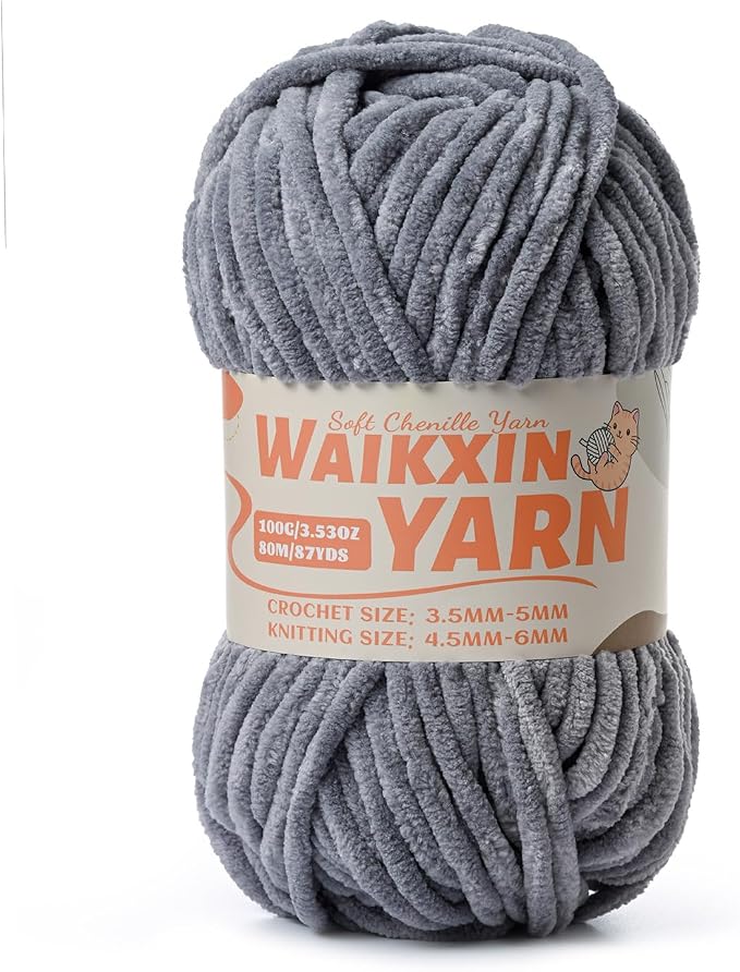 （Grey） Super Soft Fuzzy Chenille Chunky Yarn for Crocheting, 100g (87yds) Fluffy Velvet Yarn for Hand Knitting Baby Blankets Weaving Craft