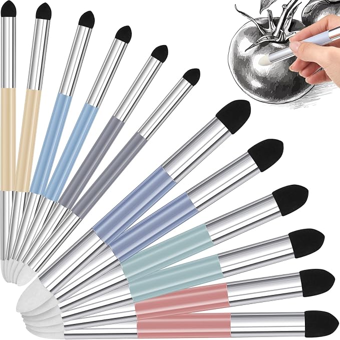 Kosiz 12 Pcs Blending Sponge Pen Rub and Buff Double Headed, Morandi | Washable Sponge Tips, Art Drawing Shading and Highlight Tools, Smooth Color Blending, Reusable Blending Tools for Oil Pastels