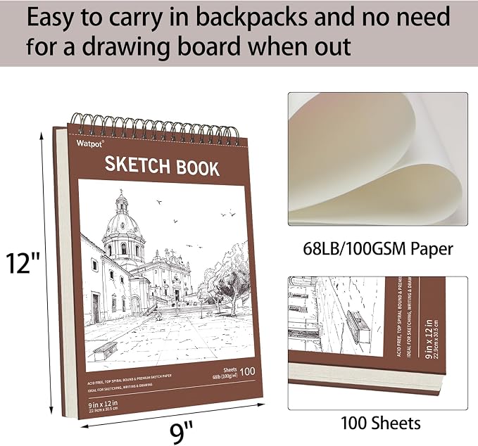 9" x 12" Hard Cover Sketch Book, Top Spiral Bound Sketch Pad, 100 Sheets 68lb/100gsm Drawing Paper, 2 Pack