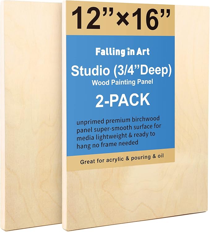 Falling in Art 2 Pack 12x16 Unfinished Birch Wood Panels Kit for Painting | Studio 3/4’’ Deep Wood Canvas, Cradle Boards for Acrylic Pouring, Art, Crafts, Epoxy Resin, Laser Engraving Cutting