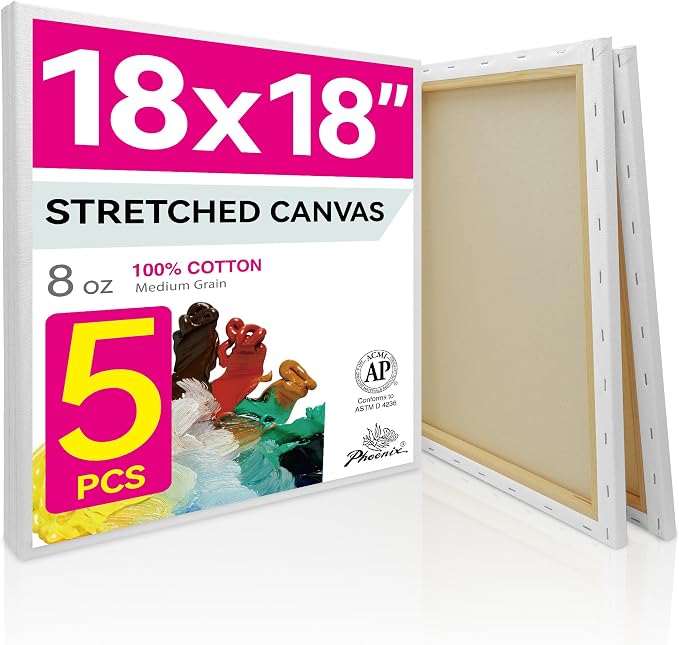 PHOENIX Large Stretched Canvas for Painting 18x18 Inch/5 Value Pack, 8 Oz Triple Primed 5/8 Inch Profile 100% Cotton White Blank Canvas, Square Framed Canvas for Oil Acrylic & Pouring Art