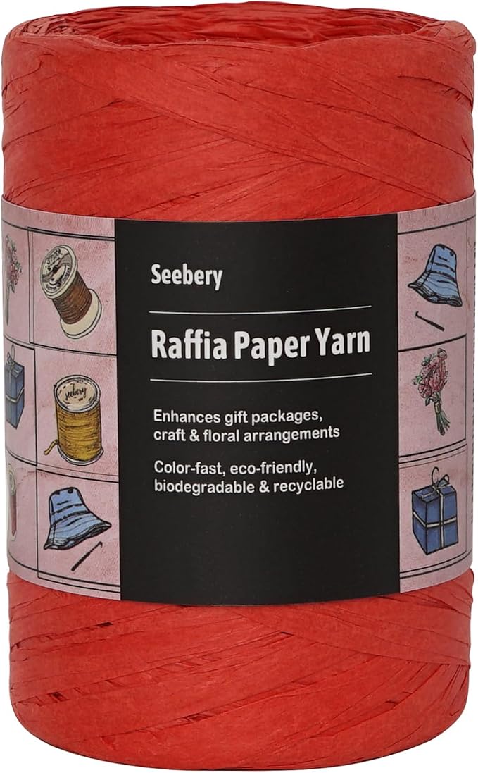 Raffia Ribbon Yarn for Crafts - Raffia Grass Twine for Gift Wrapping, DIY Decoration, Blinds & More | Matte String Paper Rope - 1/4'' Wide, 109 Yards, Red