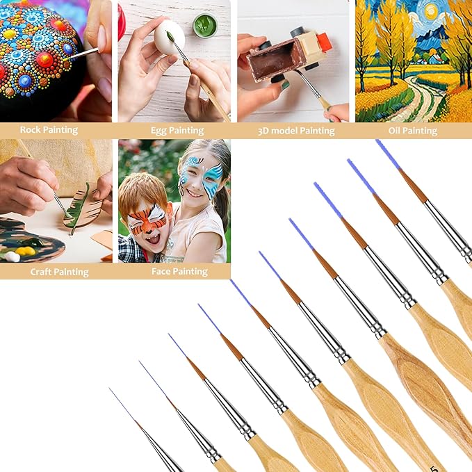 10Pcs Miniature Detail Paint Brush Set, Triangular Wooden Handles | Tiny tips for acrylic, oil, watercolor, models, 40K figurines, face & crafts. Great on canvas, rock & paint by number kits.