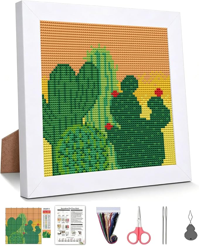 WUSARPLY Cactus Stamped Cross Stitch Kits for Beginners Adults with Framed | Succulents Needlepoint Counted Cross Stitch Kits for Beginners Adults with Framed Embroidery Kits Arts and Crafts 6x6 inch