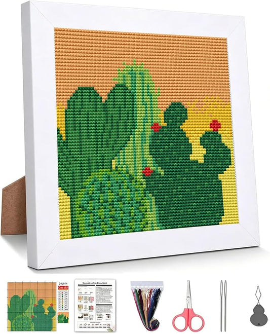 WUSARPLY Cactus Stamped Cross Stitch Kits for Beginners Adults with Framed | Succulents Needlepoint Counted Cross Stitch Kits for Beginners Adults with Framed Embroidery Kits Arts and Crafts 6x6 inch