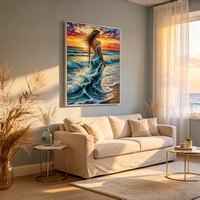 5D Ocean Wave Woman Diamond Art kits for Adults Beginners 12x16inch | Fantasy Beach Sunset Lady Diamond Painting Kit, DIY Full Round Drill Paint by Diamonds Dot Gem Art for Adult, Home Wall Decor