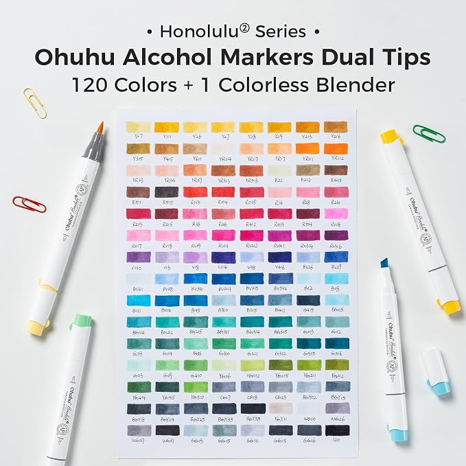 Ohuhu Alcohol Markers Brush Chisel 120 Colors for Adult Coloring Refillable | AP Certified Art Marker Set, Dual Tips Alcohol-based for Artists Beginners Drawing Illustration Sketching, Honolulu 2