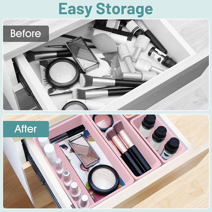 25 PCS Plastic Drawer Organizer Set, Makeup Organizers and Storage Bins | 4 Sizes Desk Drawer Divider Organizers and Storage Bins for Jewelry, Gadgets for Kitchen, Bedroom, Bathroom, Office, Pink