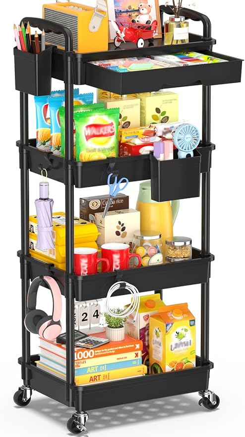 SUNALLY 4 Tier Rolling Cart with Drawer, Craft Storage Cart Organizer,Black