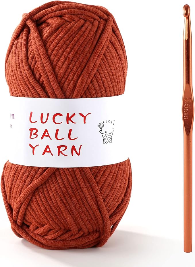 LUCKY BALL Yarn for Crocheting, 100g / 109 yd 70% Cotton 30% Nylon #5 Bulky Tube Yarn, Soft Crochet & Knitting Yarn for Bags, Hats, Socks, Sweaters, Blankets(Brown with 1 Crochet Hook)