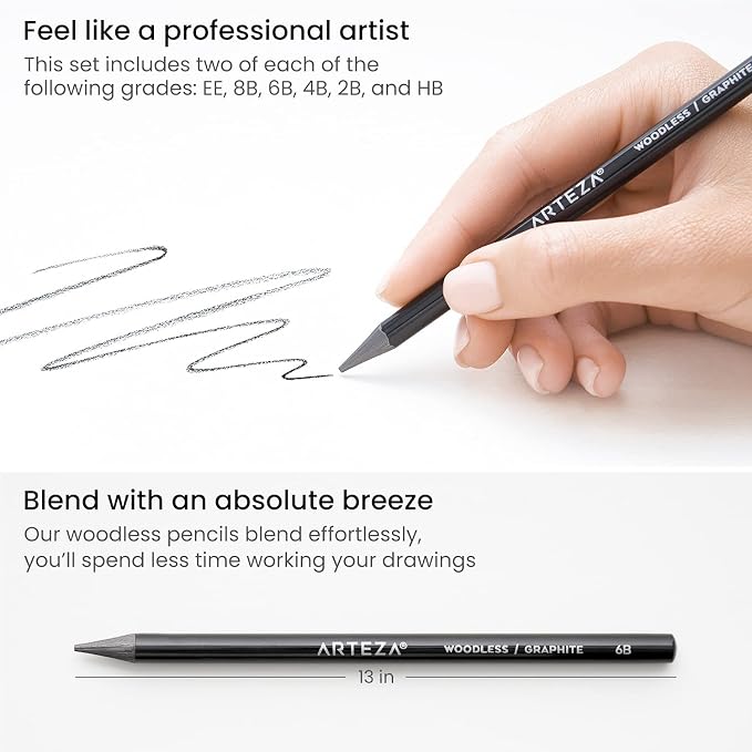 ARTEZA Woodless Graphite Pencils, Set of 12, HB, 2B, 4B, 6B, 8B, and EE