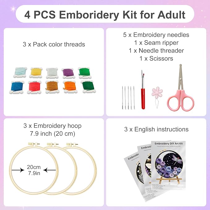 Huacan Embroidery Kit for Adults Beginners with 3 Hoops & Gift Box | DIY Pre-printed Butterfly Patterns, 7.9×7.9 inch Fabric, Complete Embroidery Supplies with Gift Box for Beginners