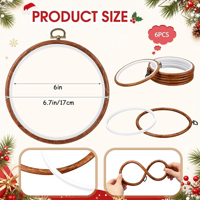 Burbell 15 Pcs Embroidery Hoops Round Wood Frame Cross Stitch,6 Inch | Small Display Frame Ornaments, Imitated Wood with Metal Hooks, DIY Crafts Sewing Hanging Gifts, Christmas Decor Supplies