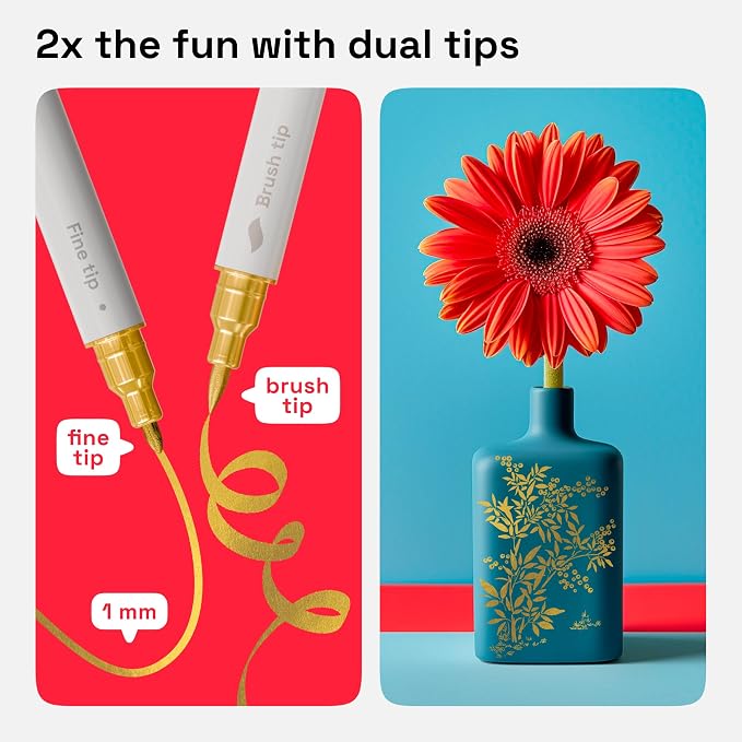 ARTISTRO Gold Dual-Tip Acrylic Paint Pens - Set of 2 | 1mm Fine & Brush Tips, Multisurface Markers, Perfect for Glass, Rock, Fabric, Wood, Plastic, & More