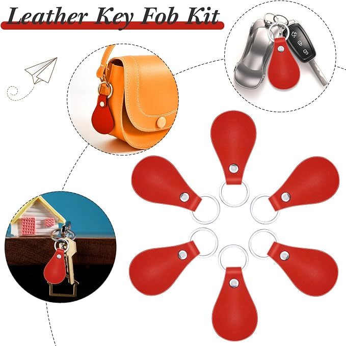 Taiyin 30 Pcs Leather Key Fob Kit PU Leather Keychain Blanks, Red