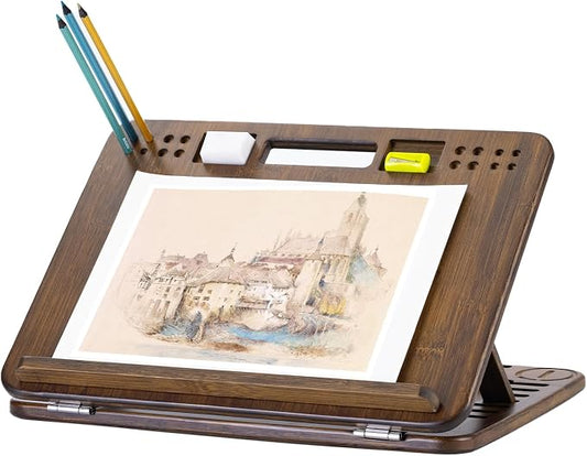 StrongTek Bamboo Tabletop Easel, 6-Angle Drawing Board for Desk and Lap | Pencil and Eraser Slots, Full-Base Lap Support, Secure Angle Positioning, Sketching, Acrylic Painting and Hands-Free Reading