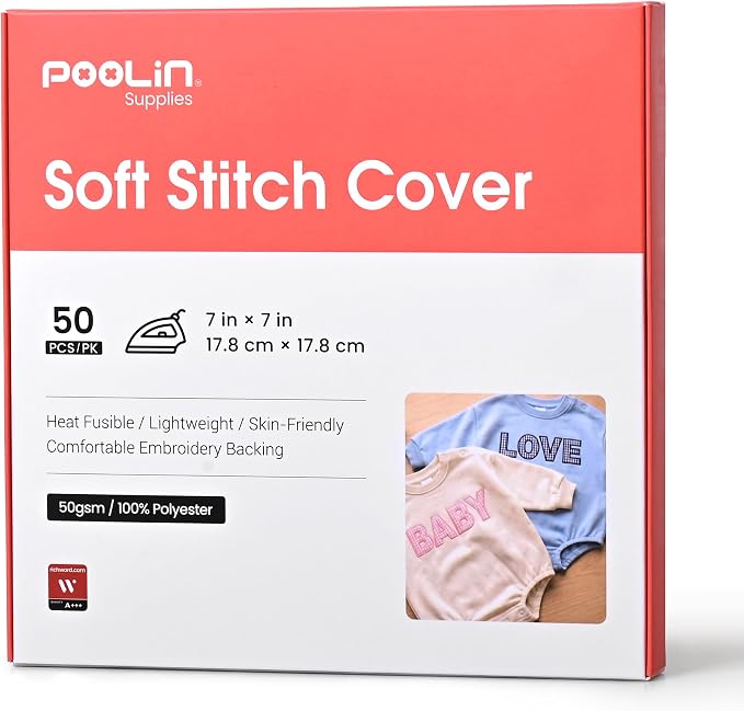 Poolin White Soft Stitch Cover 7" x 7" (50PCS), Heat Fusible Embroidery Backing