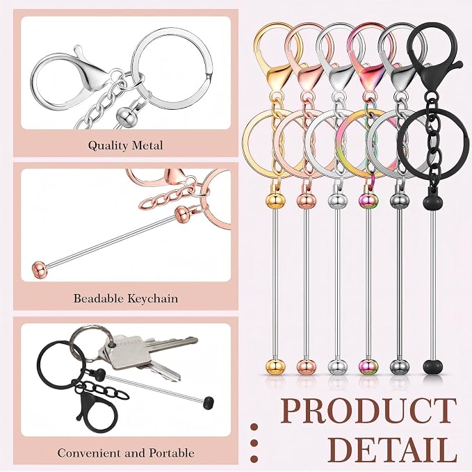 Huwena 6 Pcs Beadable Keychain Bars Metal Blanks DIY Crafts Jewelry Gift