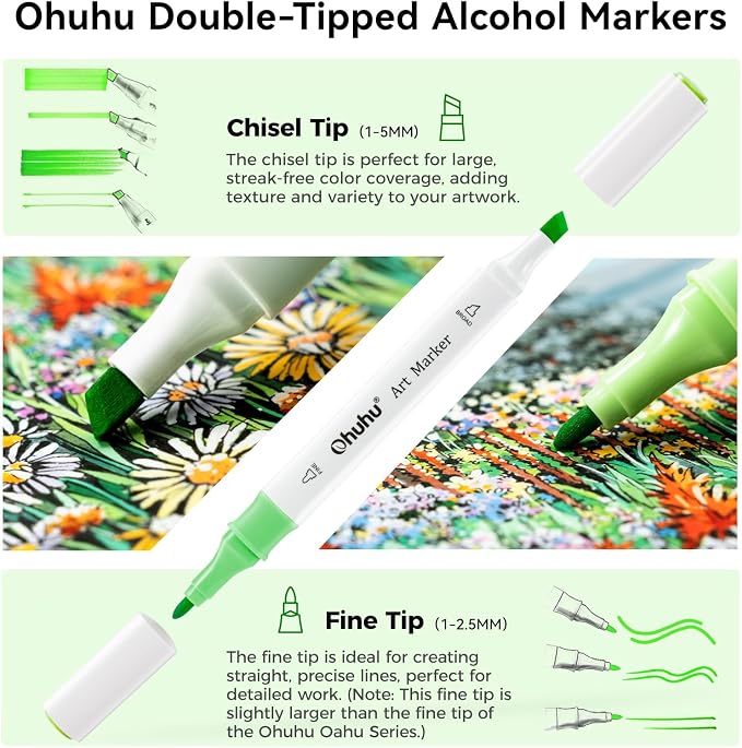 Ohuhu Alcohol Markers Fine& Chisel 48 Landscape Colors for Beginners Adults | Art Marker Set for Cozy Coloring Illustration Drawing Sketching, Dual Tips Alcohol-based Markers, Great Value Pack