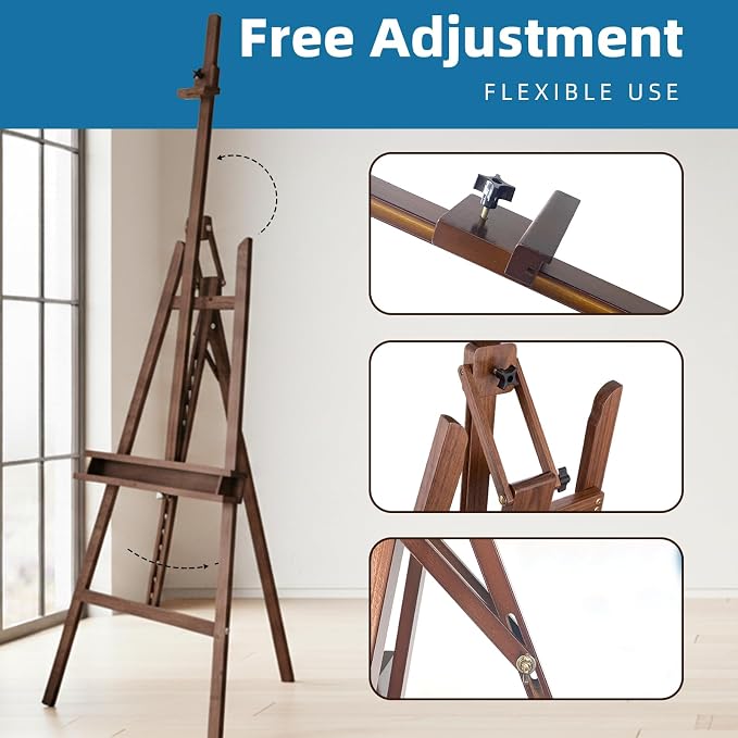 Adjustable Beechwood A-Frame Studio Easel with Storage Tray, Brown