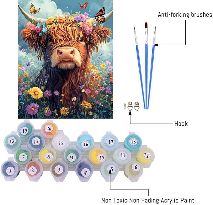 Canrichshop Highland Cow Paint by Numbers Kit for Adults,Cow Painting by Numbers,DIY Acrylic Paint Kit for Adults Without Frame,Easy Adult Paint by Number Kits on Canvas for Decor 16x20inch
