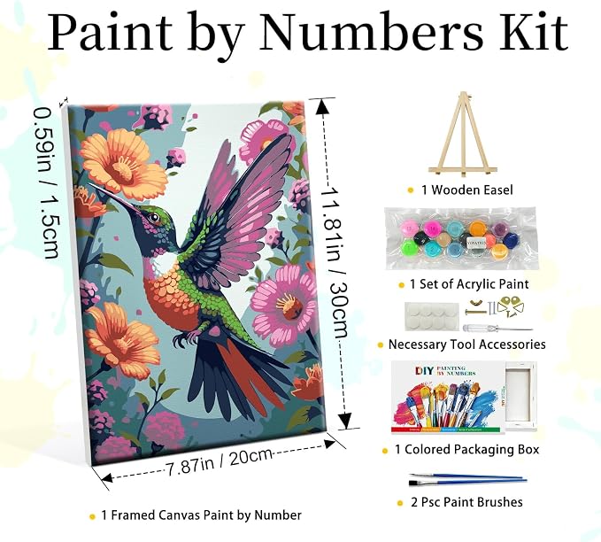 YOYA Framed Paint by Numbers Kit for Adults, Hummingbird, 8x12 Inch