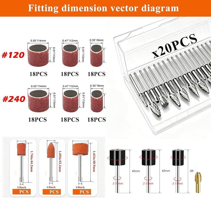 138PCS Tungsten Carbide Rotary Burr Set with Sanding Drums1/8" Shank Double‑Cut Rotary Tool Accessories for Dremel & Die Grinder, for Wood Carving, Metal Engraving, Grinding and Polishing