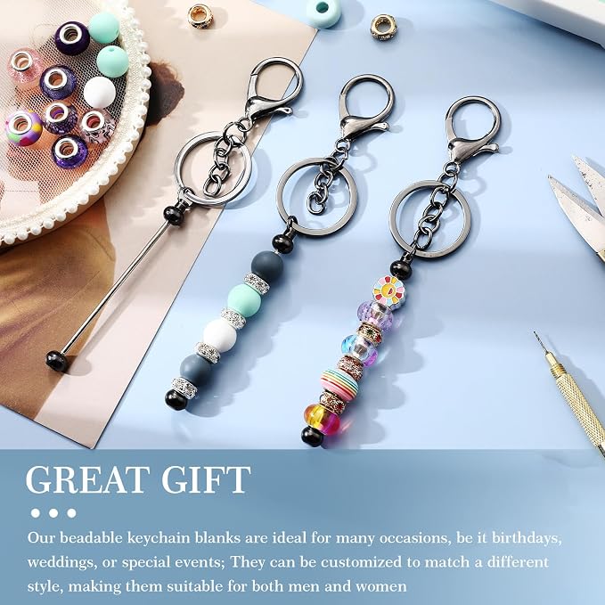Tondiamo 12 Pcs Beadable Keychains Bars Bulk Blank Beaded Metal Keychain for Craft DIY Gift