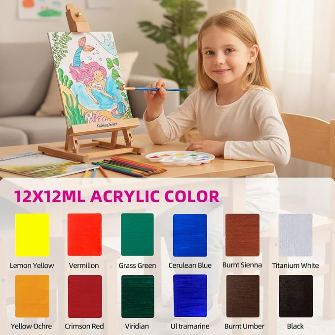 Falling in Art Kids Tabletop Easel Set, Portable Art Easel Painting Kits | 52 Pcs Wooden Easel for Painting Canvases, Including 12 Colors Acrylic Paints, 10 Paintbrushes and 4 Canvas Panels, Pink